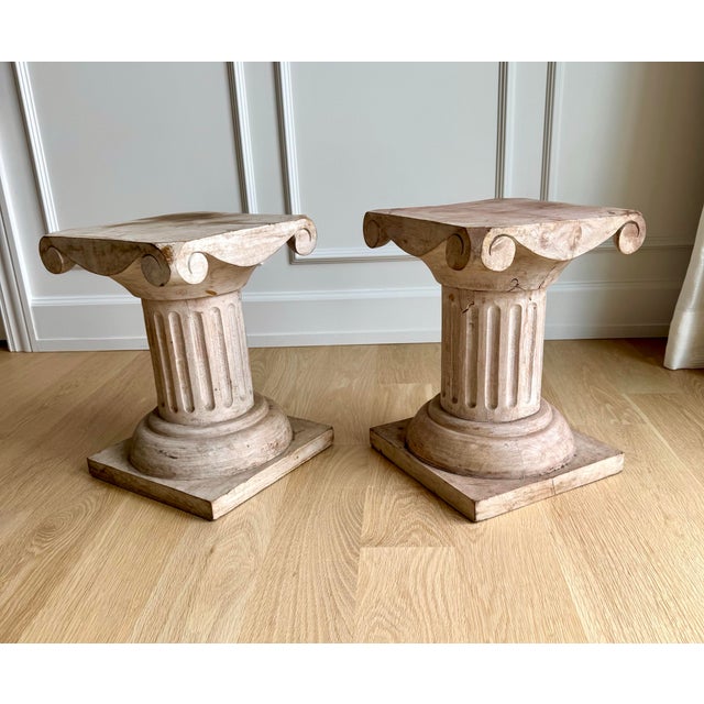 Pair of Vintage Sculptural Carved Wood Ionic Column Side Tables / Architectural Pedestals For Sale - Image 4 of 12
