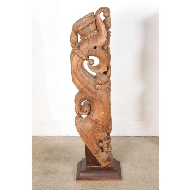 Chestnut Pair of Antique Indian Carved Wood Architectural Temple Fragments on Stands For Sale - Image 8 of 15