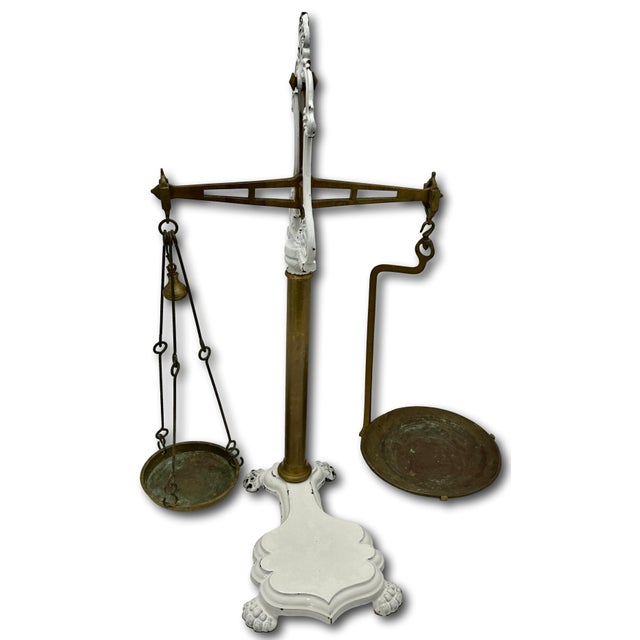 Very Large Size Antique Brass & Enameled Cast Iron Manchester England Wholesale Poultry Sellers Scale - 34 Inches Tall For Sale - Image 12 of 18