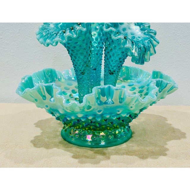 Vintage Fenton Hobnail Opalescent Sea Green Turquoise 3 Horn Epergne For Sale In Dallas - Image 6 of 10