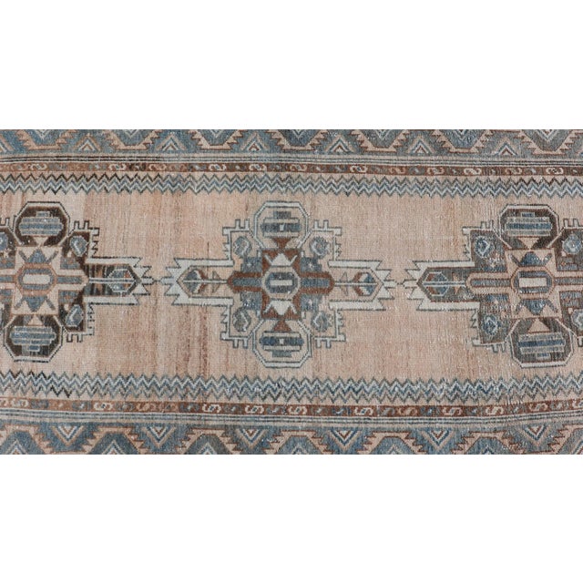 Cream Antique Persian Hamedan Runner With Sub-Geometric Design in Soft Blue and Cream 3'3 X 15'1 For Sale - Image 8 of 10