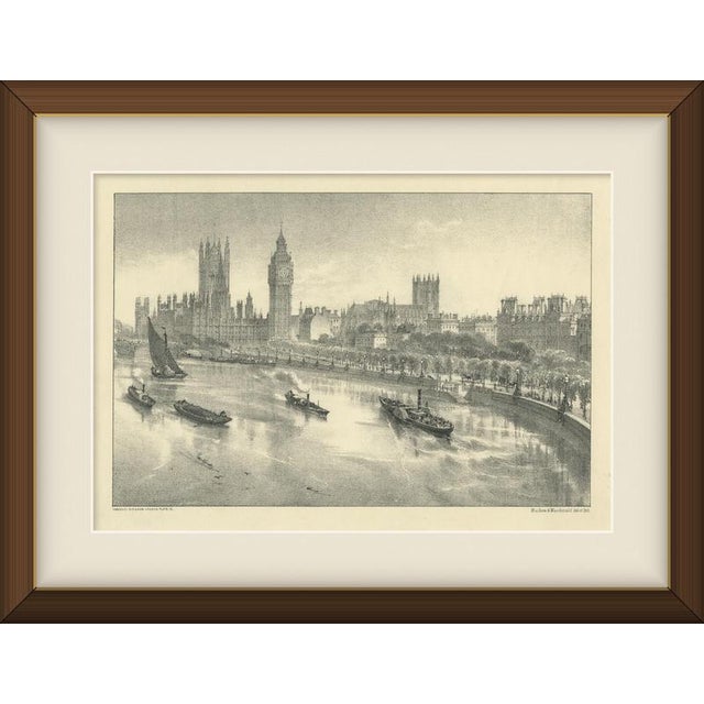 This antique tinted lithograph of the Thames Embankment shows the Victoria Embankment curving toward Westminster, with the...