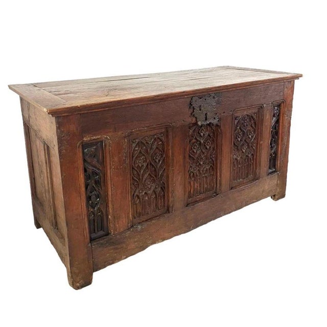 Large solid oak chest from the 16th century Gothic period Very pretty French, Norman work. Decorated with Gothic motifs on...