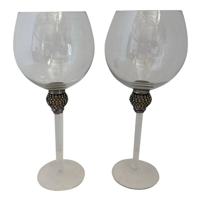 Late 20th Century Hollywood Regency Jeweled Stem Wine Goblets - a Pair For Sale