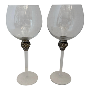 Late 20th Century Hollywood Regency Jeweled Stem Wine Goblets | - A Pair