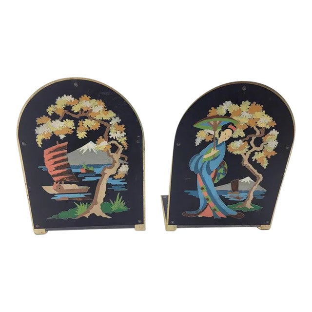 Vintage Asian Folk Art Hand-Painted Oriental Woman Bookends - a Pair For Sale