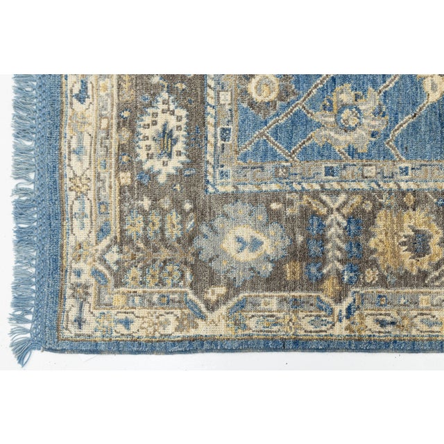 Modern Oushak Style Hand-Knotted Wool Area Rug in French Blue, Slate Grey & Gold For Sale In New York - Image 6 of 12