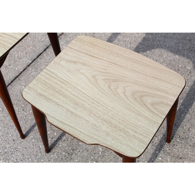 1960s Vintage Mid-Century Modern Nesting Tables – Set of 3 With Beige Tops & Tapered Maple/Beech Wood Legs For Sale - Image 16 of 17