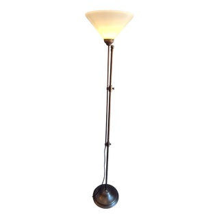 Vintage Height-Adjustable Floor Lamp with Patinated Brass Frame and White Glass Shade, 1980s For Sale