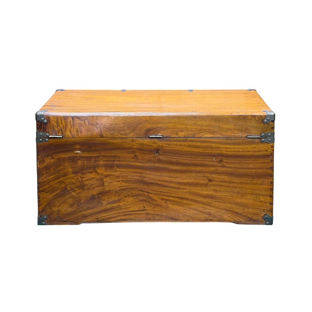 1980s Vintage Oriental Wood Rectangular MoonFace Hardware Trunk Table For Sale - Image 5 of 15