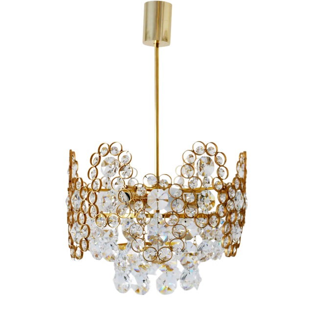 Gilt Brass Facet Cut Crystal Glass Chandelier from Palwa, 1970s For Sale