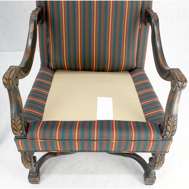 Red Pair of Carved Bases & Arms Striped Upholstery Fire Side Arm Lounge Chairs MINT! For Sale - Image 8 of 18