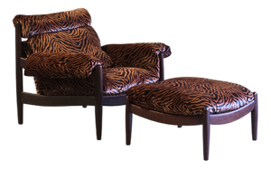 Set of Vintage Lounge Chair with Ottoman in Orange Zebra Velvet Fabric, 1970s