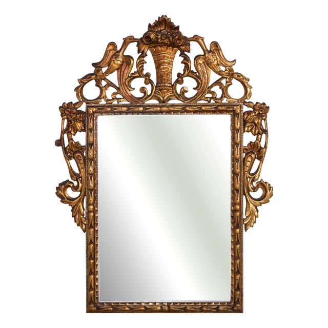 Antique Giltwood Wall Mirror with Hand-Carved Crest and Birds, Late 19th Century For Sale