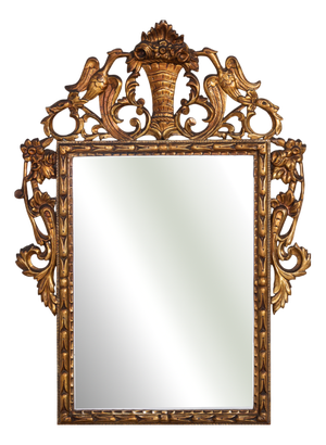 Antique Giltwood Wall Mirror with Hand-Carved Crest and Birds, Late 19th Century