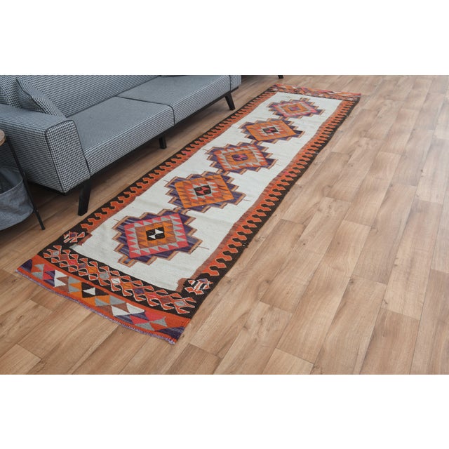 1970s Vintage Turkish Handmade Wool Cotton Cream Orange Runner Rug For Sale In San Francisco - Image 6 of 11
