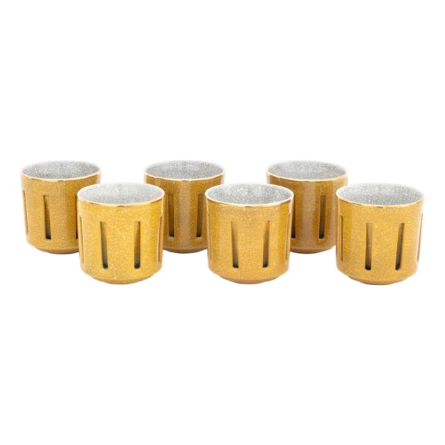 Modern Crackle Glazed Ceramic Cups, 6 For Sale