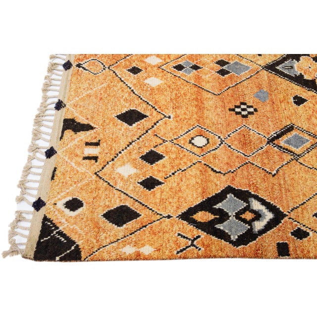 Orange Modern Moroccan Style Handmade Geometric Wool Rug For Sale - Image 4 of 11
