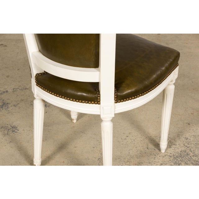 Antique French Louis XVI Style Painted Chairs With Olive Green Leather - A Pair For Sale - Image 14 of 18