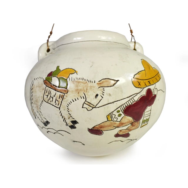 Mexican Vintage Handmade Hand-Painted Mexican Pottery Vessel Pot Vase on Wooden Tripod Base For Sale - Image 3 of 10