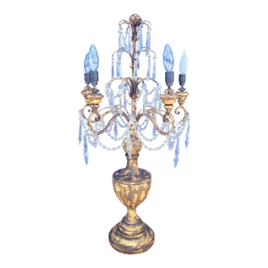 Vintage 5 Light Baroque Style Regency Gold Gilded Crystal Candelabra Table Lamp