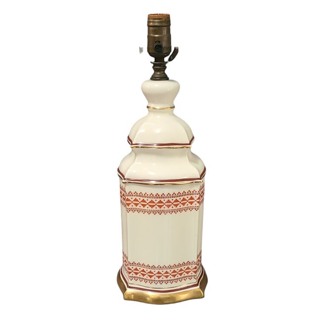 Vintage Porcelain Cream White Painted Red Embroider Pattern Gilded Table Lamp For Sale - Image 9 of 10