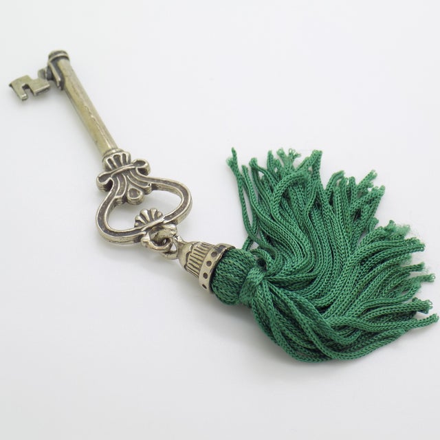 Italian Vintage Italian Handmade Genuine Silver Life Size Secret Drawer Key W/T Green Tassel For Sale - Image 3 of 11