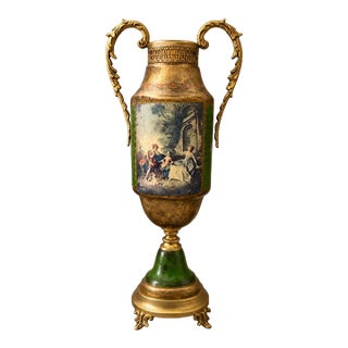 Vintage Neoclassical Green and Gold Figural Pedestal Urn With Ornate Handles For Sale