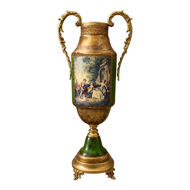 Vintage Neoclassical Green and Gold Figural Pedestal Urn With Ornate Handles For Sale