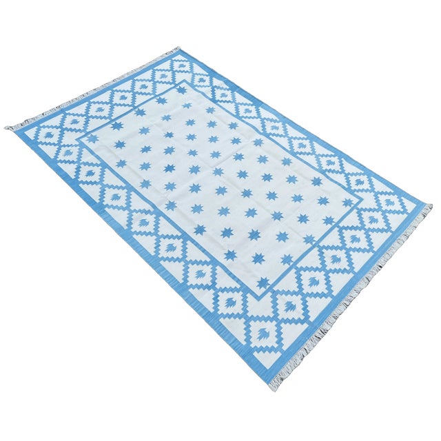Mid-Century Modern Handmade Cotton Vegetable Dyed Sky Blue and White Star Patterned Diamond Rug - 8'x10' For Sale - Image 3 of 11