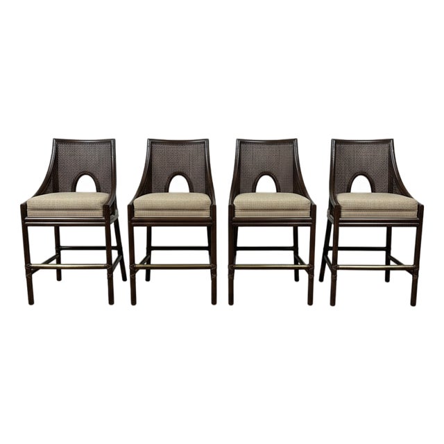 Four Barbara Barry for McGuire Caned Barstools With Cushions For Sale