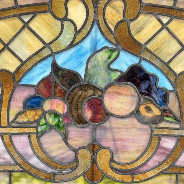 Antique Art Nouveau Colored Stained Glass Fruit 27 X 75 Arched Transom Window, A For Sale - Image 9 of 18