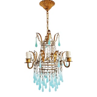 Vintage Gilt Metal Italian Chandelier With Blue Opaline Crystals For Sale