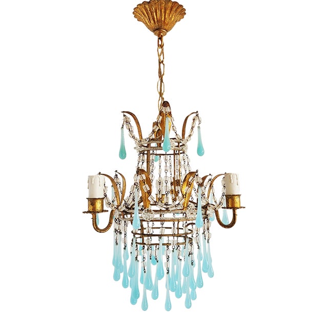 Vintage Gilt Metal Italian Chandelier With Blue Opaline Crystals For Sale