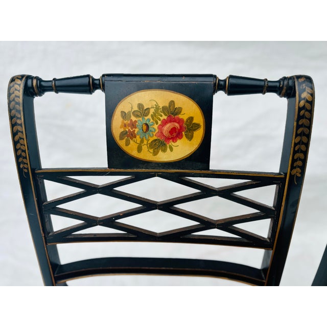 50's Regency Style Painted Black Chinoiserie Set of 2 Chairs For Sale - Image 11 of 12