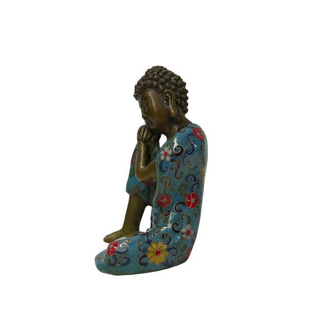 Religious Vintage Cloisonne Enamel Lotus Resting Buddha Metal Statue For Sale - Image 3 of 10
