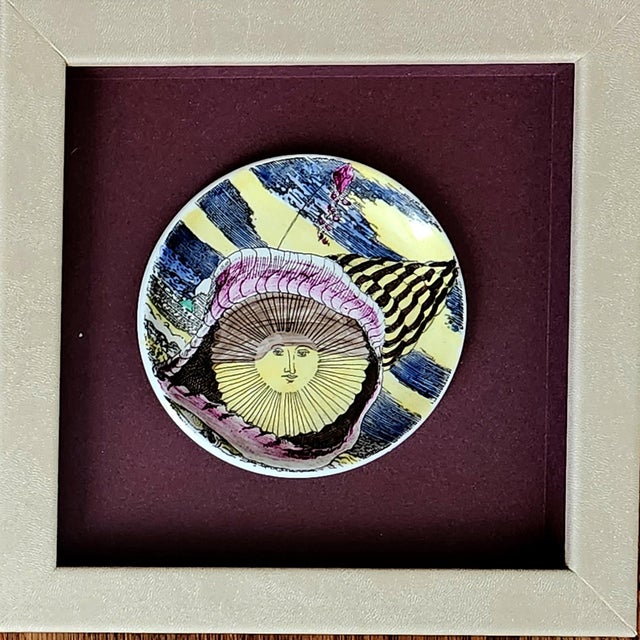 Piero Fornasetti Piero Fornasetti “12 Mesi, 12 Soli” Porcelain Coaster, August, Sun in a Seashell, Framed For Sale - Image 4 of 5