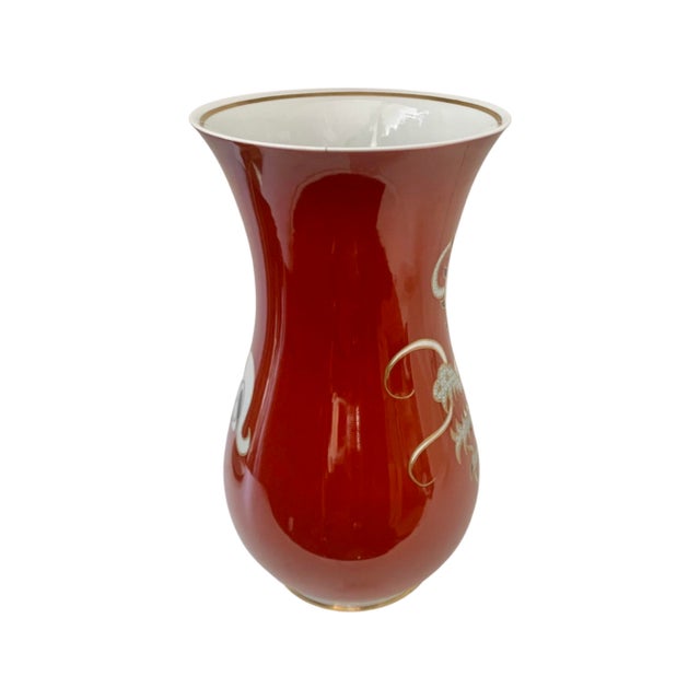 1960s Huge Dragon Design Wallendorf German Made Red Hand Painted Gilt Vintage Porcelain Vase For Sale - Image 5 of 9