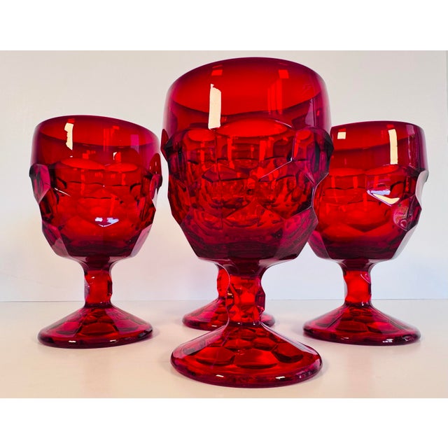 Vintage 1960s Red Cubist Glass Water Stems - Set of 4 Add a dramatic pop of mid-century flair to your bar cart or dining...