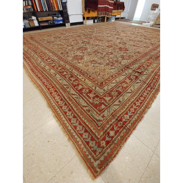 Antique Oushak Carpet, Handmade Oriental Rug, Pale Light Blue, Coral, Raspberry For Sale In New York - Image 6 of 15