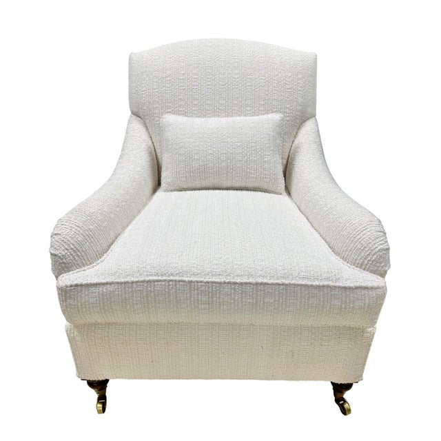 2020s Pair of Pearl White Bouclé Armchair With Rolled Arms and Brass Casters For Sale - Image 5 of 6