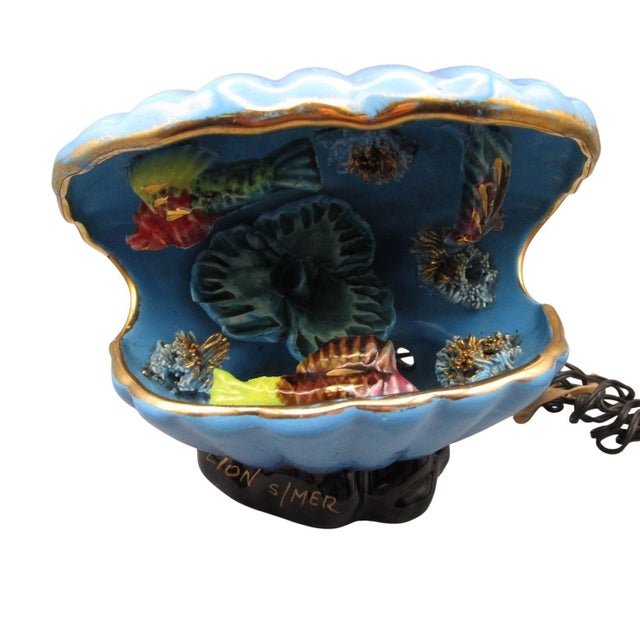 Mid-Century Modern Vintage Vallauris Lion S/Mer Blue Ceramic Clam Shell Lamp Mid Century Tikki Kitch Cord Cut Signed For Sale - Image 3 of 18