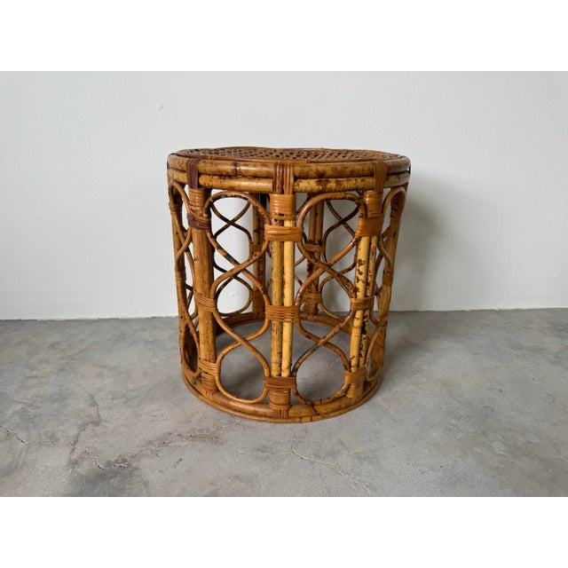 Mid-Century Modern Vintage Boho Chic Tortoise Shell Finish Bamboo Cane Top Drum Side Table/ Sold For Sale - Image 3 of 8
