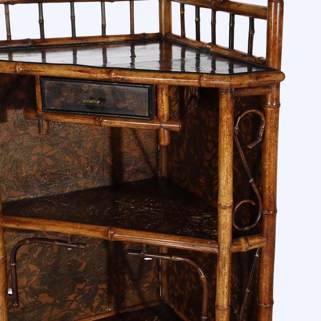 Antique Asian Bamboo Corner Etagere With Floral Leather Tooling & Mirror C1890 For Sale - Image 4 of 16