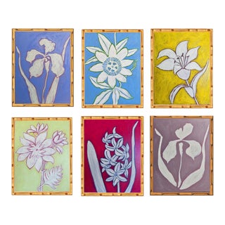 Set of Six Original Framed Flower Paintings, Bright Botanical Wall Art, Oil on Canvas in Bamboo Frame Palm Beach For Sale