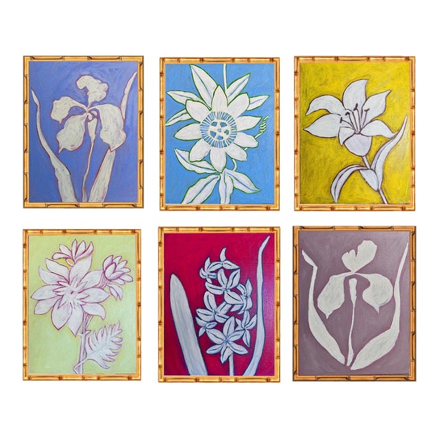 Set of Six Original Framed Flower Paintings, Bright Botanical Wall Art, Oil on Canvas in Bamboo Frame Palm Beach For Sale