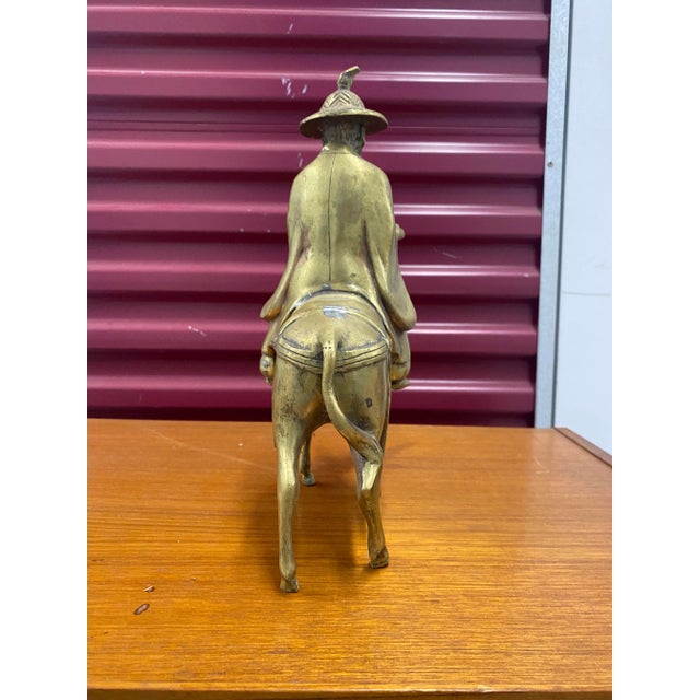 Early 20th Century Chinese Iron Bronze Gilt Man Scholar Riding a Horse Mule Statue Doorstop For Sale - Image 4 of 10