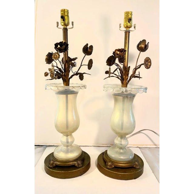 1940s Early Murano Aventurine Filled Hand Blown Glass With Brass Flower Pedal Lamps With Original Foil Tag, a Pair For Sale - Image 11 of 12
