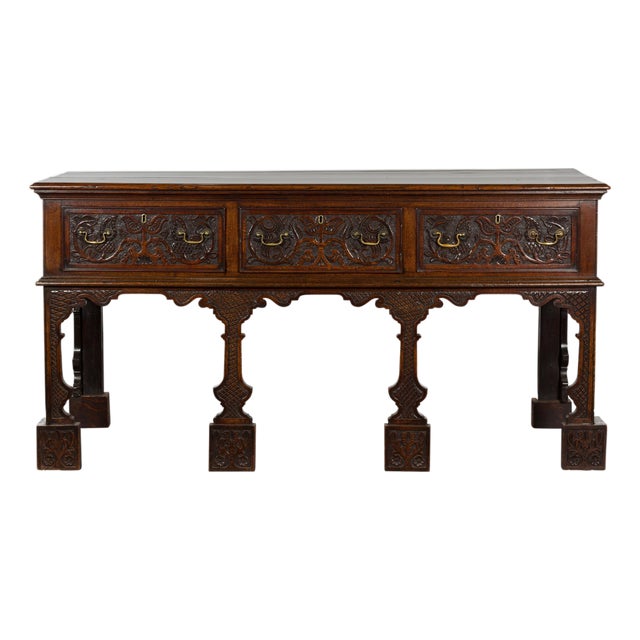 English 19th Century Oak Sideboard with Three Low-Relief Carved Drawers For Sale