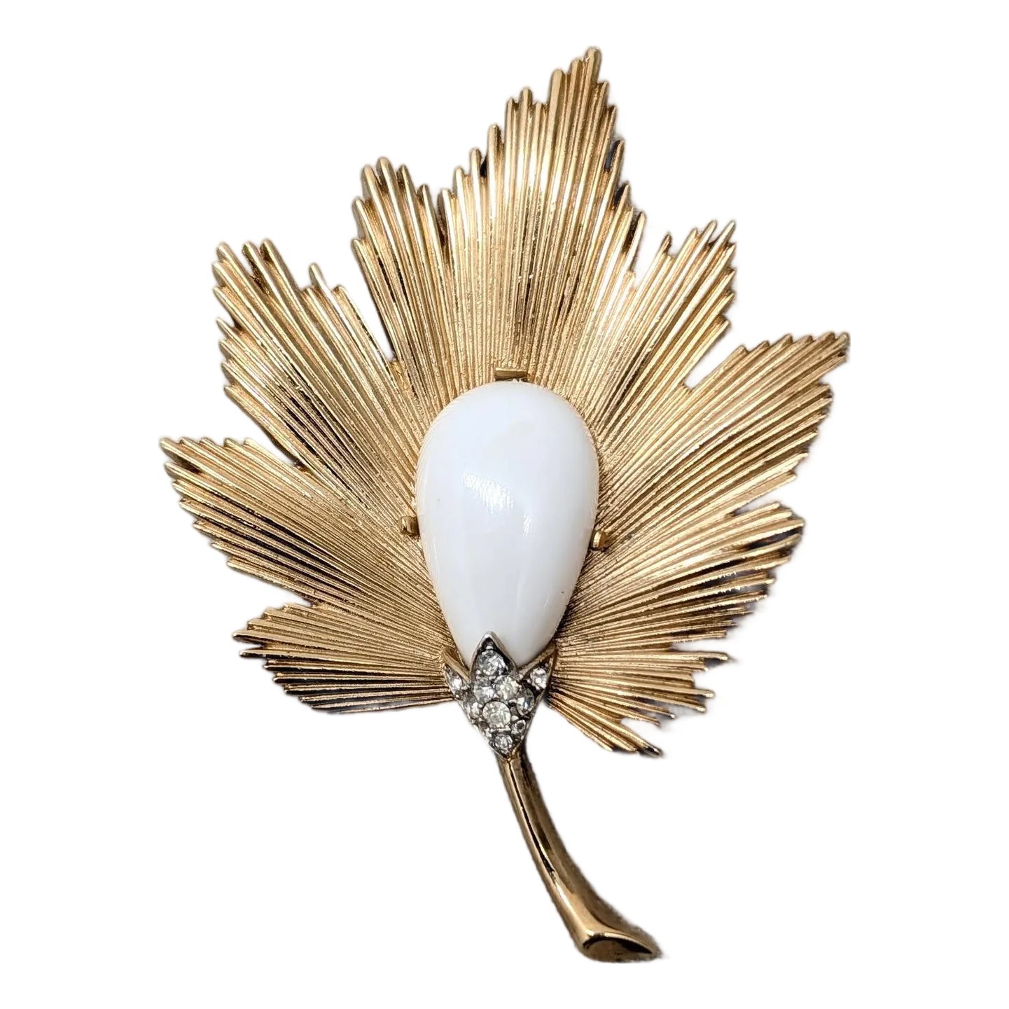 Vintage 1960s Signed Crown Trifari White Rhinestone Leaf Brooch  display picture 1